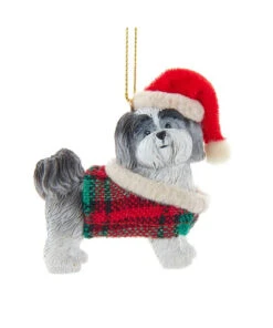 Kurt Adler Grey Shih-Tzu With Plaid Coat And Santa Hat Ornament